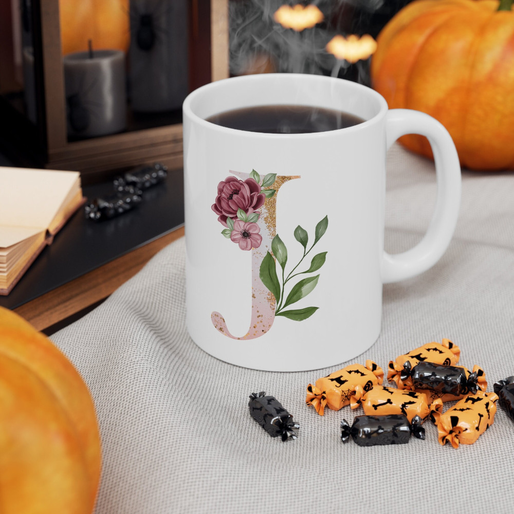 Letter J Floral Alphabet Coffee Mug Name Begins with J Initial Mug Initial Coffee Cup Birthday Gift Watercolor Flowers Mug 11oz - 9.jpg