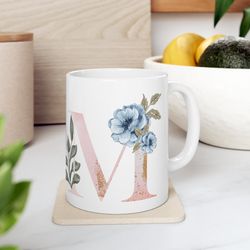letter m floral alphabet coffee mug, name begins with m, initial mug