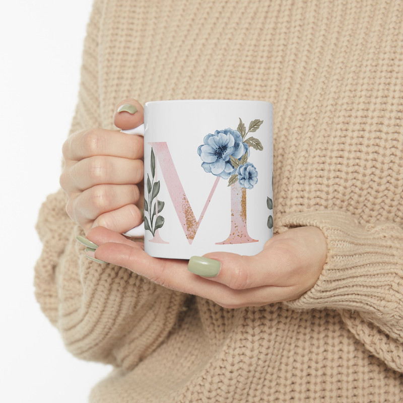 Letter M Floral Alphabet Coffee Mug Name Begins with M Initial Mug Initial Coffee Cup Birthday Gift Watercolor Flowers Mug 11oz - 6.jpg
