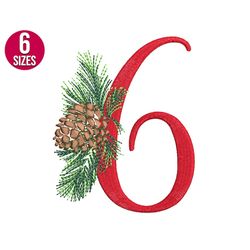 christmas alphabet embroidery design, number six, pine cone, font, machine embroidery file, instant download