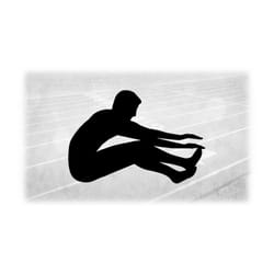sports clipart: black track and field long jump event silhouette w/ male jumper jumping as if above landing pit - digita