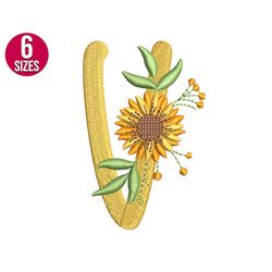 floral font sunflower alphabet v letter embroidery design, machine embroidery file, instant download