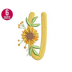 floral font sunflower alphabet u letter embroidery design, machine embroidery file, instant download