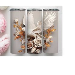 3d white bird and flowers 20 oz tumbler png, floral skinny sublimation wrap, bird pattern png, flower lovers png, garden lovers