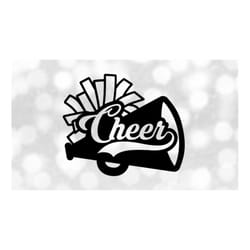 sports clipart: black cheerleader megaphone with pom pom outline with word cheer cutout for cheerleading - digital downl