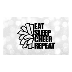 sports clipart: cheerleader words 'eat sleep cheer repeat' with half pom for cheering, cheerleading, poms - digital down