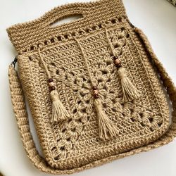Handmade Jute Crossbody Bag with Tassels Bohemian Hippie Accessory Laptop Bag Eco-friendly Shoulder bag ethnic style