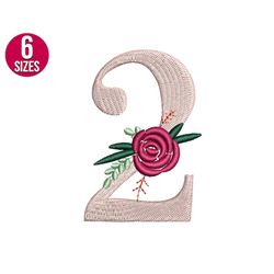 floral font flower numbers embroidery design, number two, 2,  machine embroidery file, instant download