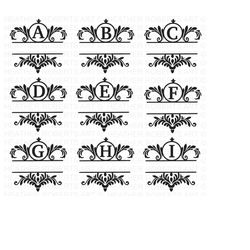 split fancy monogram alphabet svg, png, split monogram frame alphabet, cut file for cricut, silhouette, 26 individual sv