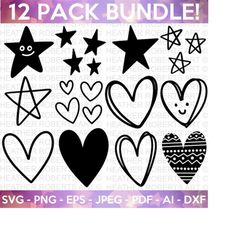 doodle hearts and stars svg bundle, heart svg bundle, stars svg bundle, stars, hearts, hand-drawn heart svg, cut files c