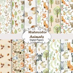 Watercolor woodland animals, seamless patterns, forest animals pattern.