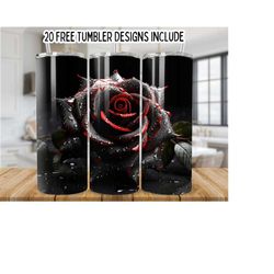 3d black flower 20oz skinny tumbler wrap, 3d flowers 20oz tumbler sublimation designs, floral tumbler wrap, black floral tumbler png