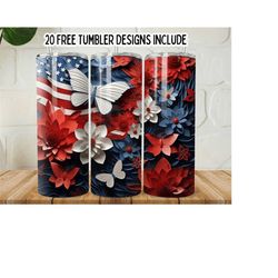 usa flag and butterflies tumbler png, 3d american flags flowers 20oz skinny wrap tumbler, patriotic flowers, tumbler wrap, digital download
