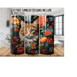 Cat With Boho Flowers20oz Skinny Tumbler Wrap, Colorful Floral Cat Tumbler, Cat Sublimation png, Seamless ,Cute 3D Cat Tumbler Wrap