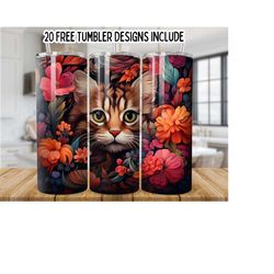 Cat With Colorful Flowers 20oz Skinny Tumbler Wrap, Colorful Floral Cat Tumbler, Cat Sublimation png, Seamless ,Cute 3D Cat Tumbler Wrap