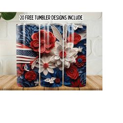 3d american flags flowers 20oz skinny wrap tumbler, usa flag and butterflies tumbler png, patriotic flowers, tumbler wrap, digital download