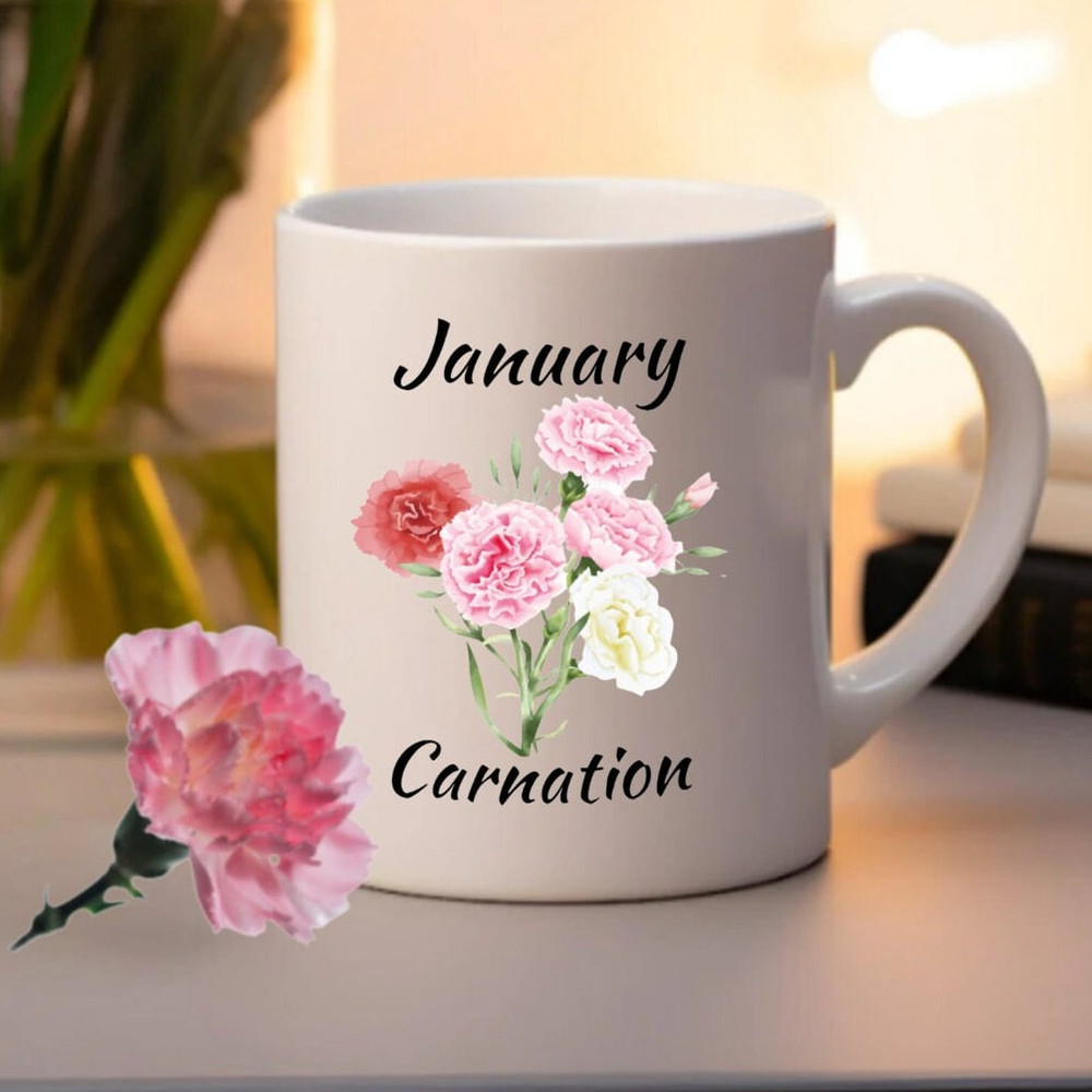 January Birth Flower Mug, Flower Mug, Birth Flower Gift for Women, January Birthday, Birthday Flower Gift, Carnation Flower Mug, Girl Gift - 1.jpg