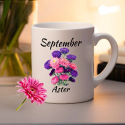 september birth flower mug, aster birth month flower cup, floral bridesmaid proposal gift