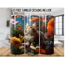 Cat With Flowers and Butterfly 20oz Skinny Tumbler Wrap, Colorful Floral Cat Tumbler, Cat Sublimation, Seamless png,Cute 3D Cat Tumbler Wrap
