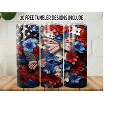 3d american flags flowers 20oz skinny wrap tumbler, usa flag and butterflies tumbler png, flowers, patriotic tumbler wrap, digital download