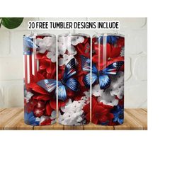 3D American Flags Flowers 20oz Skinny Wrap Tumbler, USA Flag and Tumbler PNG, Patriotic Flowers, Patriotic Tumbler Wrap, Digital Download