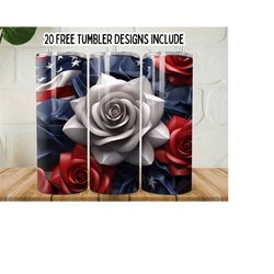 3d american flags flowers 20oz skinny wrap tumbler, usa flag and tumbler png, patriotic flowers, patriotic tumbler wrap, digital download