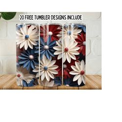 USA Flag and Tumbler PNG, 3D American Flags Flowers 20oz Skinny Wrap Tumbler, Patriotic Flowers, Patriotic Tumbler Wrap, Digital Download
