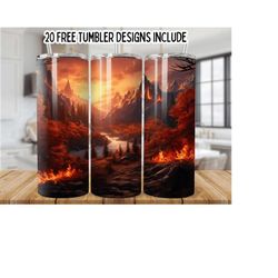 fire in the forest 20oz skinny tumbler wrap, forest tumbler png, straight seamless graphics tumbler wrap png, instant digital download