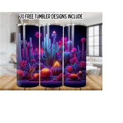 colorful cactus flower 20oz skinny tumbler wrap, neon cactus tumbler png, straight graphics tumbler wrap png, instant digital download