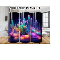 neon cactus 20oz skinny tumbler wrap, cactus designs png, straight seamless graphics tumbler wrap png, instant digital download