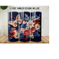 USA Flag and Butterflies Tumbler PNG, 3D American Flags Flowers 20oz Skinny Wrap Tumbler, Patriotic Flowers, Digital Download