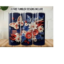 usa flag and butterflies tumbler png, 3d american flags flowers 20oz skinny wrap tumbler, patriotic flowers, digital download