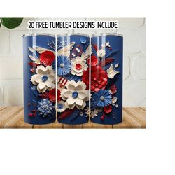 3d american flags flowers 20oz skinny wrap tumbler, usa flag and butterflies tumbler png, patriotic flowers, digital download