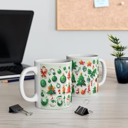 green christmas mugs with seasonal elements, christmas symbols wrap mug, green cristmas decor