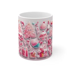 pink christmas mug with seasonal elements, symbols wrap mug, pink seasonal decor