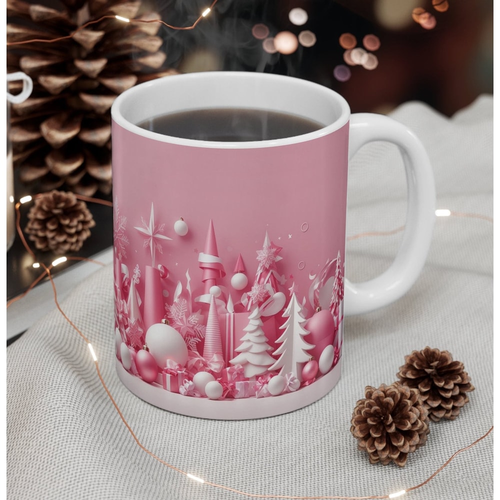 Pink Christmas Mug with tree pattern, Christmas symbols Wrap Mug, Pink Seasonal Decor, Pinkmas Gift For Her, pink lover, gift for girls - 2.jpg