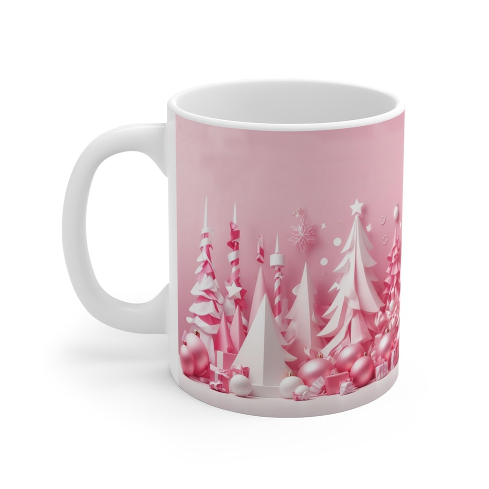 Pink Christmas Mug with tree pattern, Christmas symbols Wrap Mug, Pink Seasonal Decor, Pinkmas Gift For Her, pink lover, gift for girls - 4.jpg