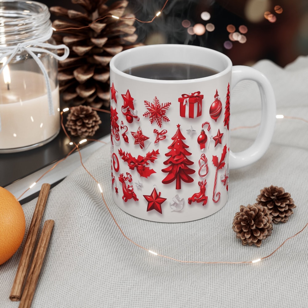 Red Christmas Mugs with seasonal elements, Christmas symbols Wrap Mug, Red Cristmas Decor, kids holiday mug, christmas mug gift - 2.jpg