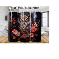 3d pastel owl 20oz skinny tumbler wrap, floral owl sublimation design, straight seamless graphics tumbler wrap png, instant digital download