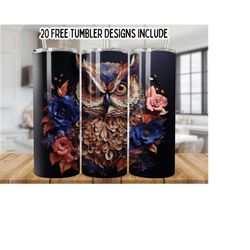 3d pastal owl 20oz skinny tumbler wrap, floral owl sublimation designs, straight  seamless graphics tumbler wrap png, digital download