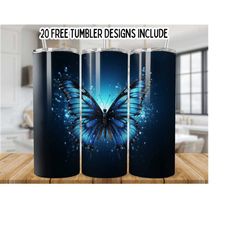 neon glowing butterfly 20oz skinny tumbler wrap, straight template sublimation graphics tumbler wrap png, instant digital download