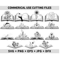 floral book svg, book svg, flowers with book, book with flowers, flowers growing out of a book, reading svg, flower clipart, line art svg,
