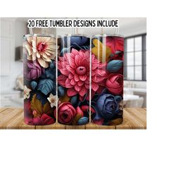 3d colorful floral 20oz skinny tumbler wrap,3d flowers 20oz tumbler sublimation designs, floral tumbler wrap, pink boho floral tumbler png