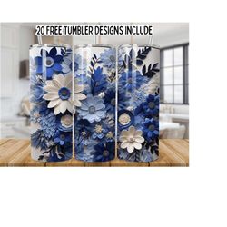 3d white and blue flowers 20oz skinny tumbler wrap,3d flowers 20oz tumbler sublimation designs, floral tumbler wrap, blue floral tumbler png