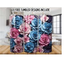 3d pink and blue roses 20oz skinny tumbler wrap,3d flowers 20oz tumbler sublimation designs, floral tumbler wrap, pink roses tumbler png