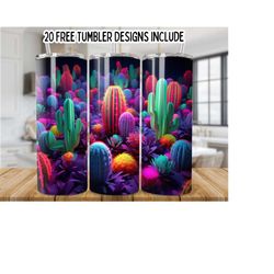 colorful cactus 20oz skinny tumbler wrap,3d flowers 20oz tumbler sublimation designs, floral tumbler wrap, cactus tumbler png