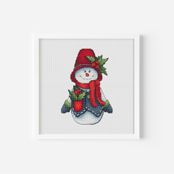 Snowman Cross Stitch Pattern PDF, Red Hat Counted Cross Stitch, Christmas Hand Embroidery, Funny Winter Decor PDF Design