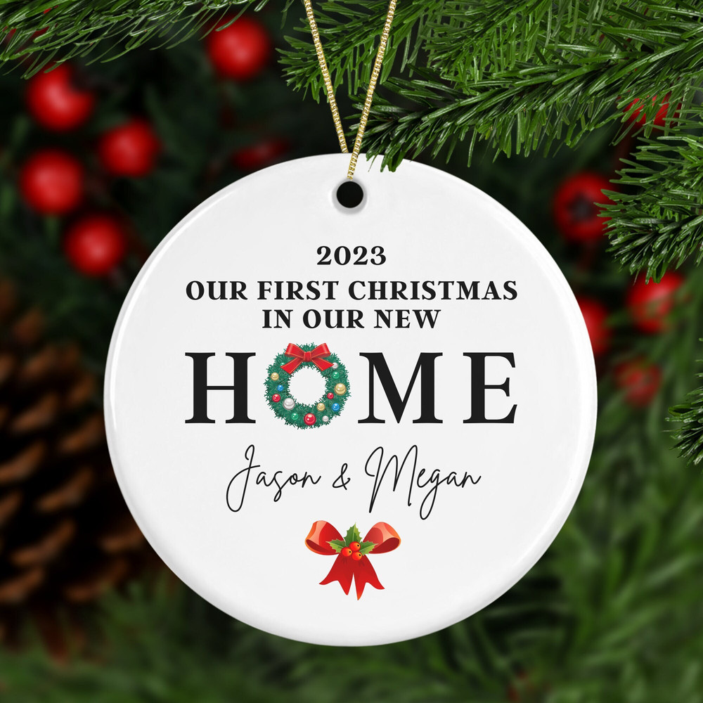 Personalized New Home Ornament, Our First Home Ornament, Wreath New House Ornament, Christmas Gift, Housewarming Gift, Ceramic Shape - 1.jpg