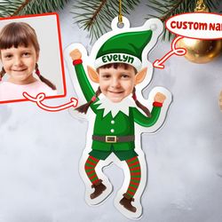 Personalized Cute Baby Elf Ornament, Custom Photo Ornament, Baby Elf Christmas Ornament