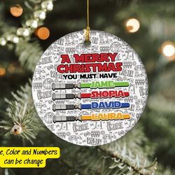 personalized light saber christmas ornament, custom christmas family ornament, lightsaber ornament